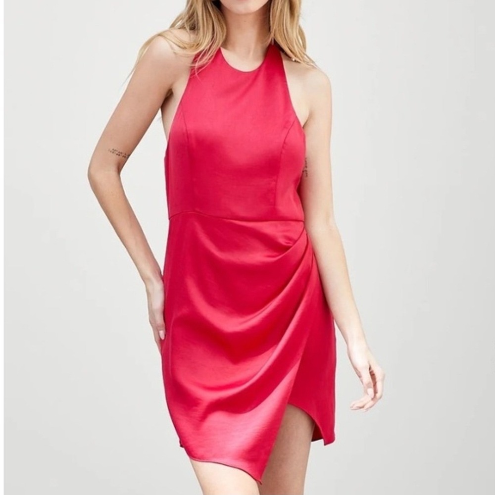 Hausen Pink Satin Halter Mini Dress Wrap Tulip Hem Womens Medium